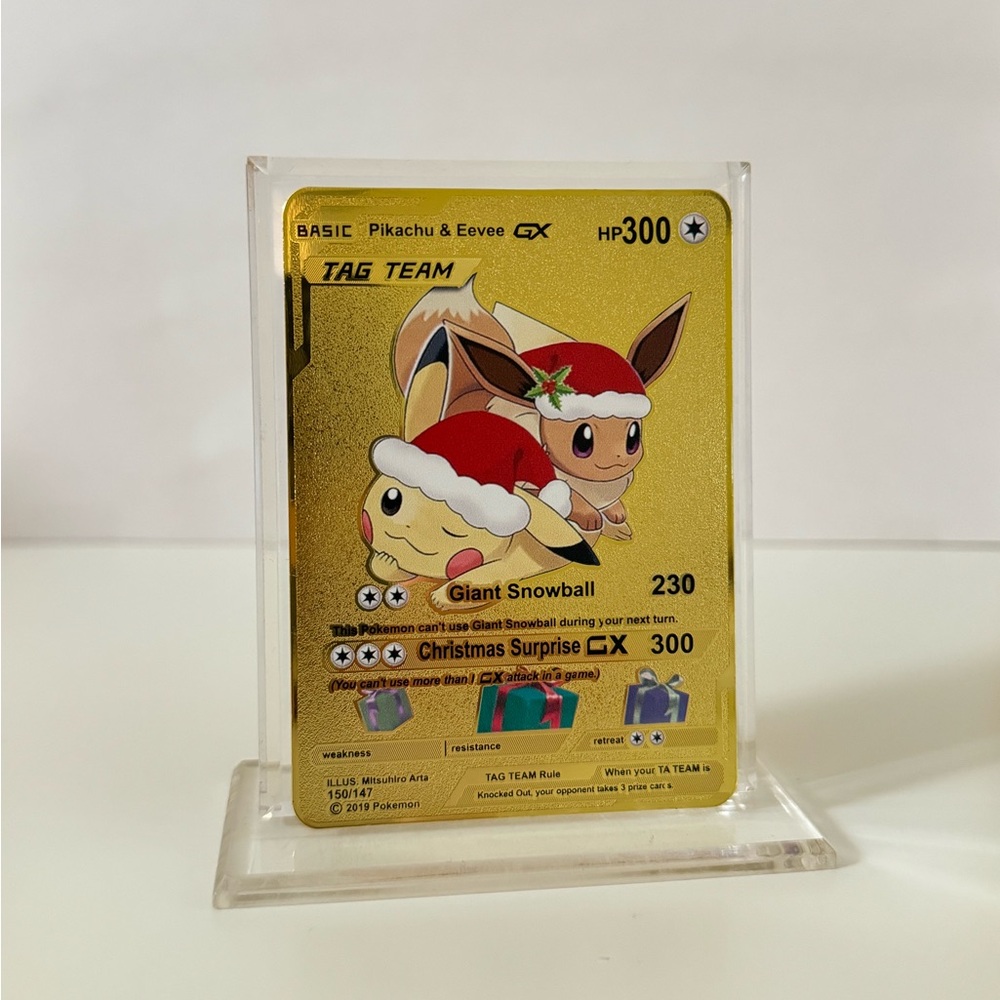Pokemon Christmas Pikachu & Eevee METAL GOLD CARD - Gift / Present / Fan Art -